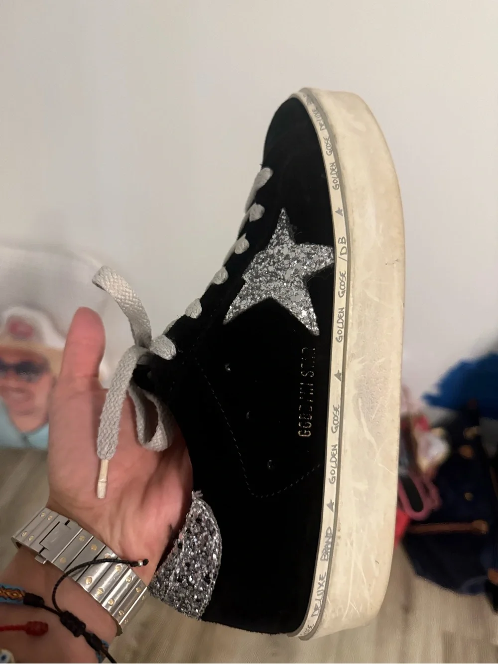 Golden Goose Hi Star Women’s Black Suede with Silver Glitter Star. Size 39